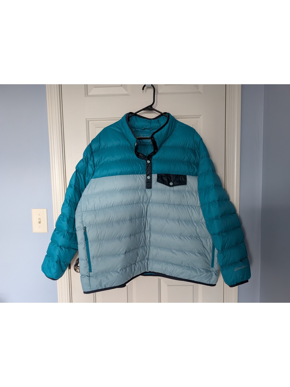 Eddie Bauer light blue and teal down-fill insulated pullover